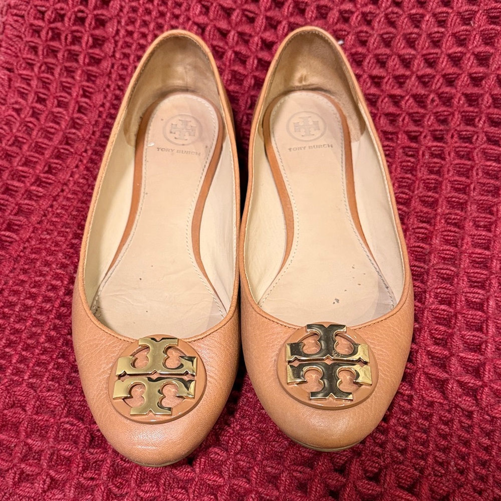 Tory Burch Peach/Tan Leather Logo Ballet Flats